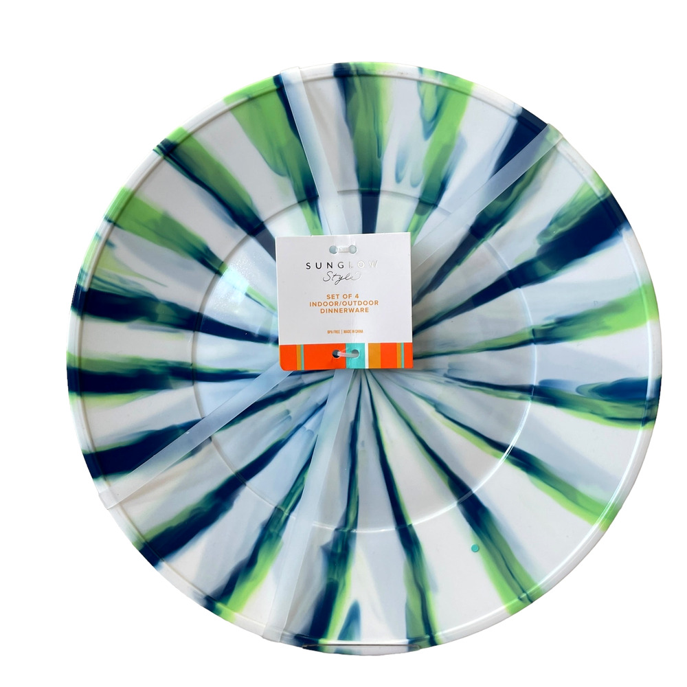 Sunglow Style Ink Stripe Melamine Dinner Plates 11" Blue Green White Set of 4